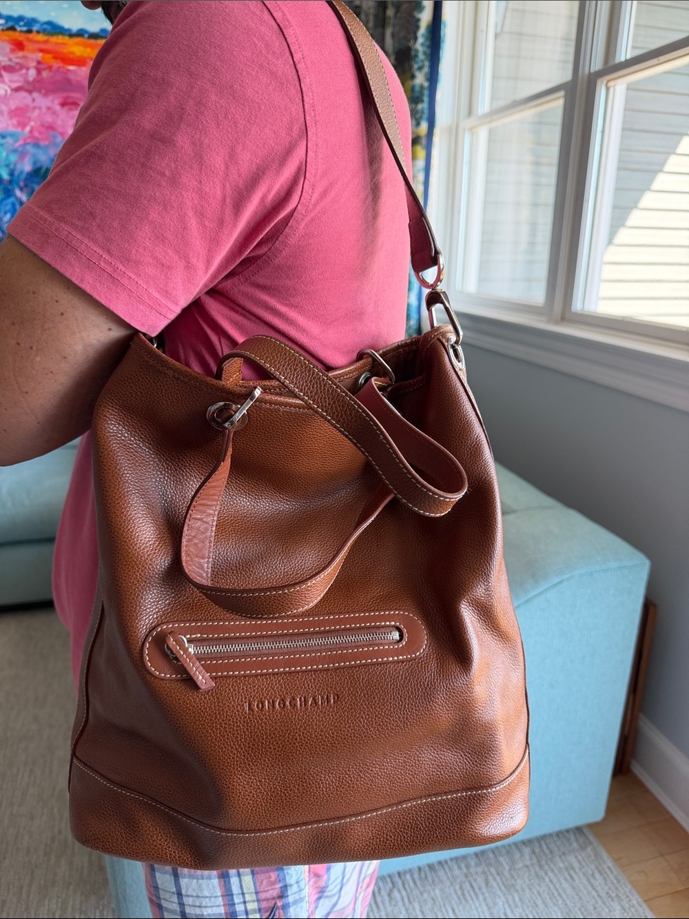 Longchamp Cognac Pebbled Leather Tote with Front Zip - Picture 7 of 7